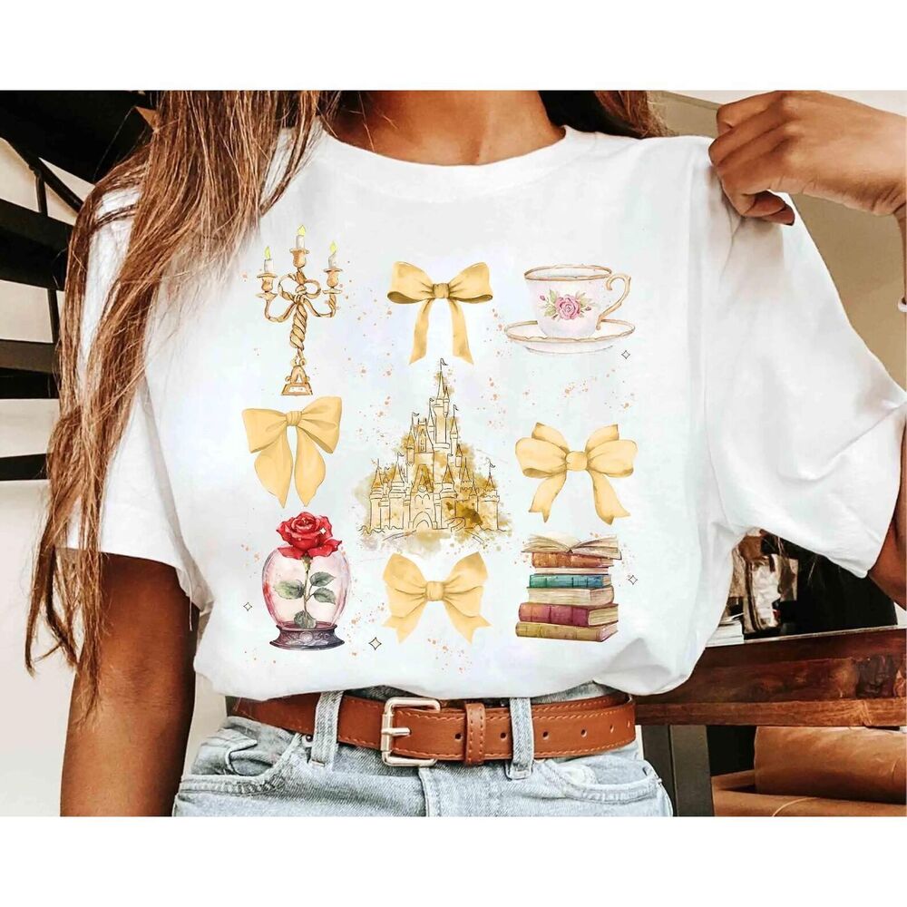 Disney Beauty And The Beast Watercolor Coquette Bow Shirts